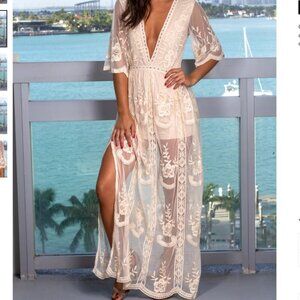Wishlist Natural Ivory Lace Boho Embroidered Maxi Romper Dress Womens S